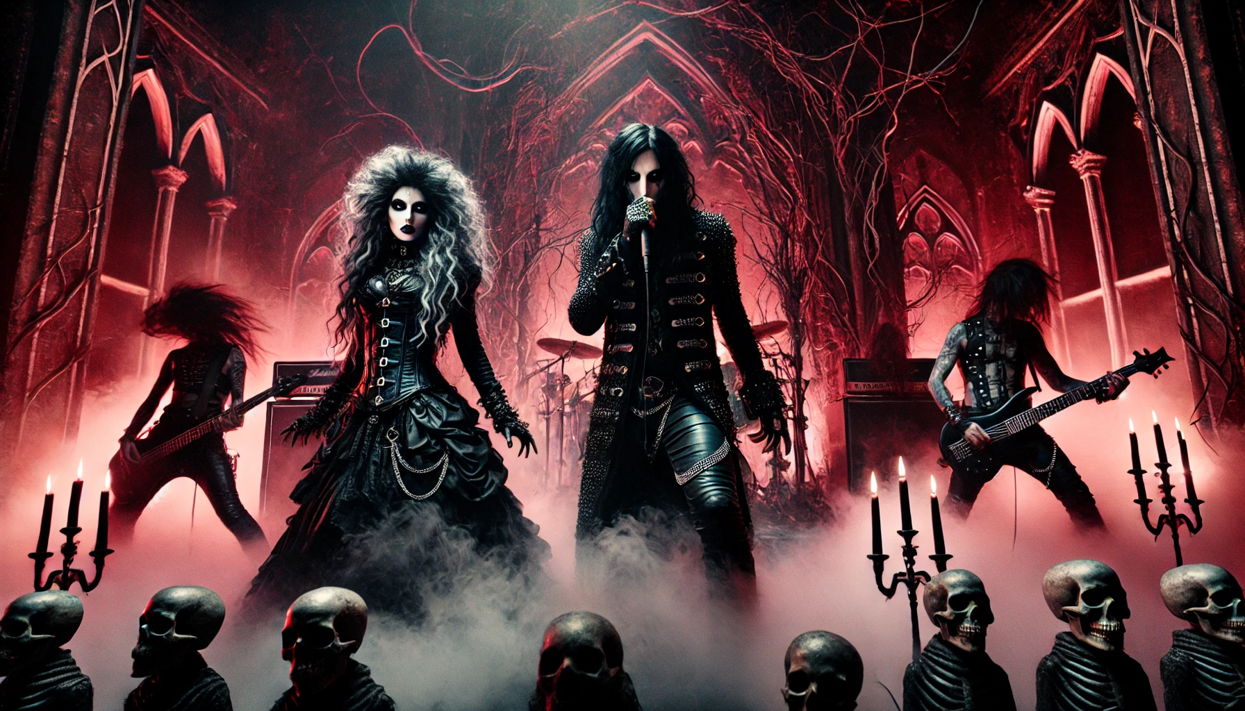 Gothic-inspired stage scene featuring a lead singer dressed in Victorian-style black attire alongside a fierce female vocalist in a leather outfit, performing amidst red lighting, swirling mist, skulls, and gothic arches, evoking the dark, intense energy of Cradle of Filth and Butcher Babies.