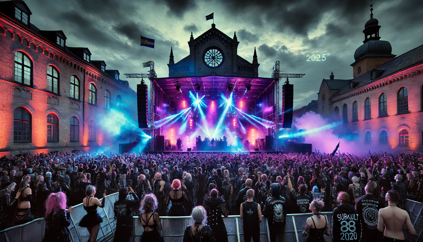Subkultfestivalen 2025 in Vänersborg, Sweden, with a neon-lit stage, crowd of goths and punks, dramatic stormy sky, and historic buildings.