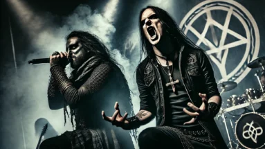 Two intense metal vocalists on stage, one in dark Celtic attire and the other with gothic symphonic style, performing passionately under dramatic lighting.
