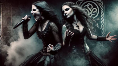 Two female metal vocalists on stage, one in Celtic attire, the other in gothic style, performing with powerful expressions and dark lighting.
