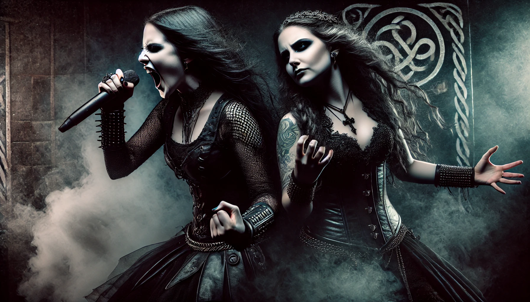 Two female metal vocalists on stage, one in Celtic attire, the other in gothic style, performing with powerful expressions and dark lighting.