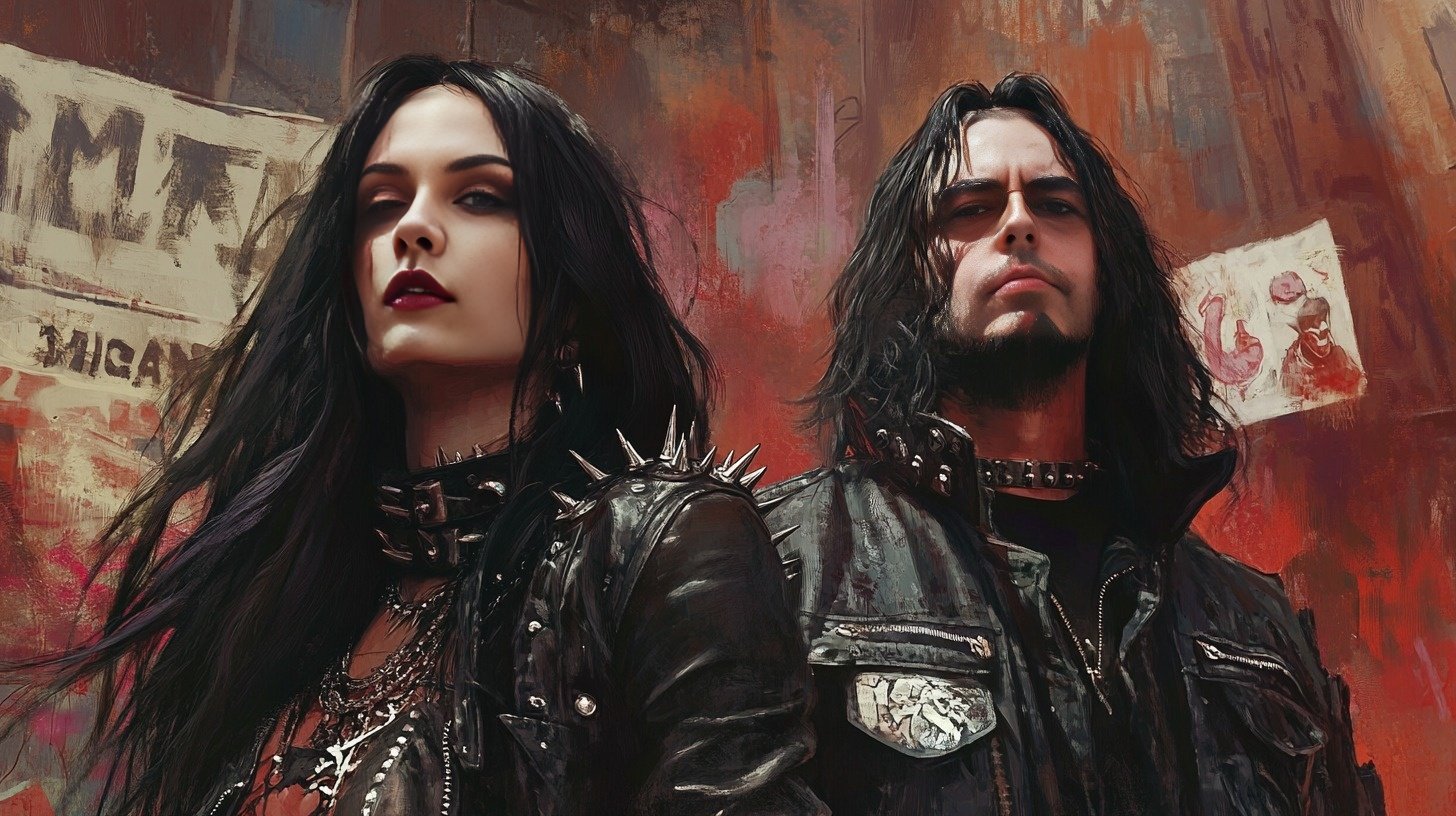 A gothic metalhead rebellious woman and a black metalhead man standing confidently against a colorful, graffiti-covered urban backdrop, showcasing their fierce expressions and leather outfits adorned with spikes.