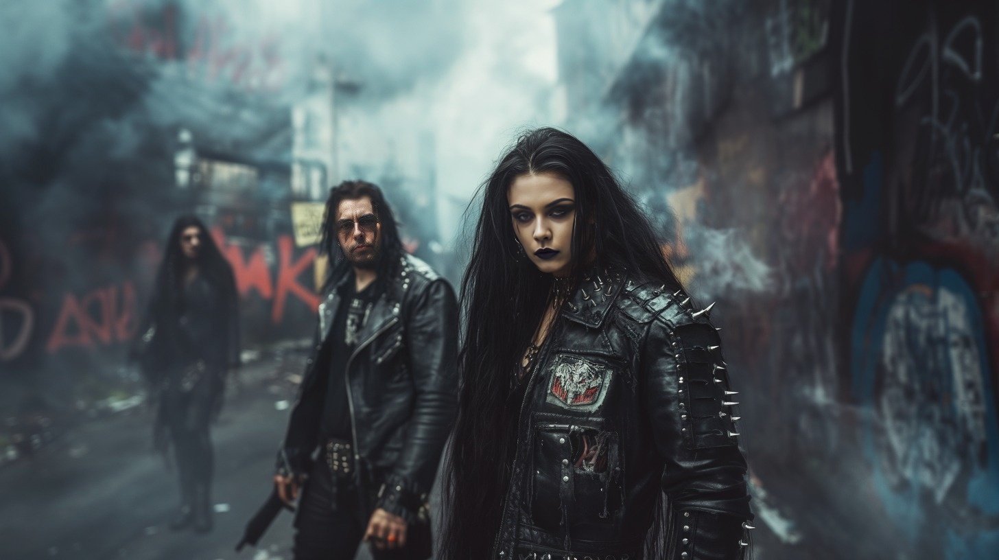 A gothic metalhead rebellious woman and a black metalhead man standing together in an alleyway filled with smoke and graffiti, embodying the rebellious spirit with their intense gazes and spiked leather clothing.