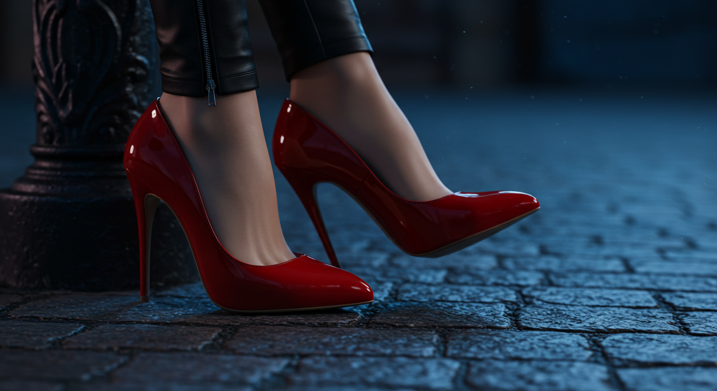 Glossy red high heels on cobblestone street beside black iron post, night setting.