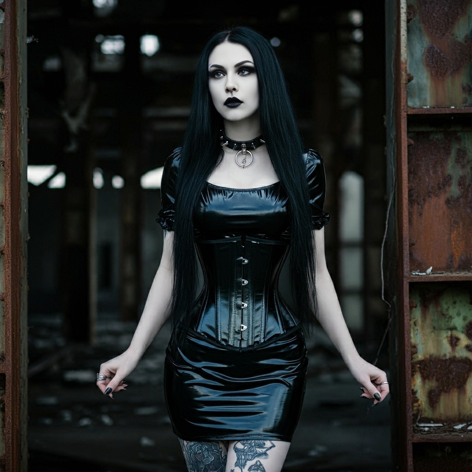Gothic woman in black vinyl dress and corset, standing in a rusted doorway with an intense expression.