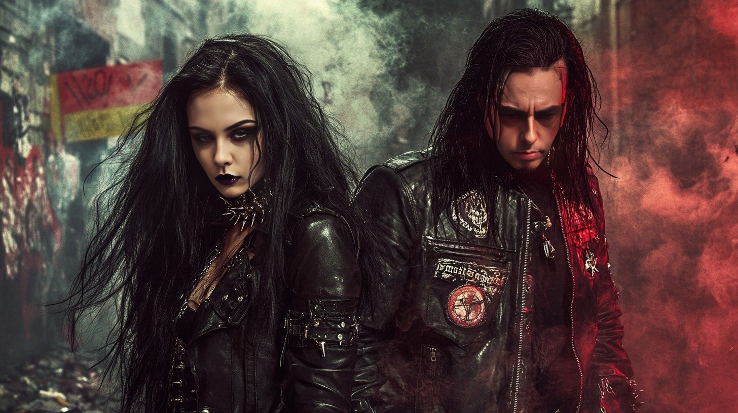 A gothic metalhead rebellious woman and a black metalhead man standing back-to-back in a gritty urban setting with smoke and graffiti, exuding an aura of defiance and fierce individuality.