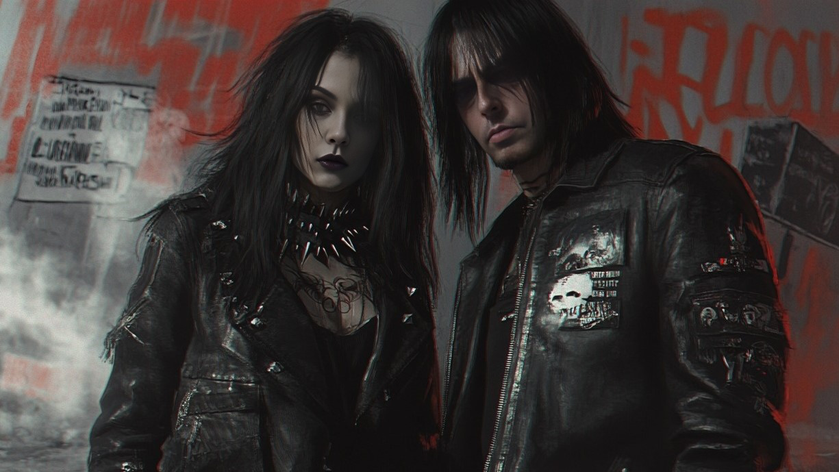 A gothic metalhead rebellious woman and a black metalhead man standing against a gritty urban backdrop with graffiti, exuding defiance and individuality with their spiked leather outfits and intense expressions.