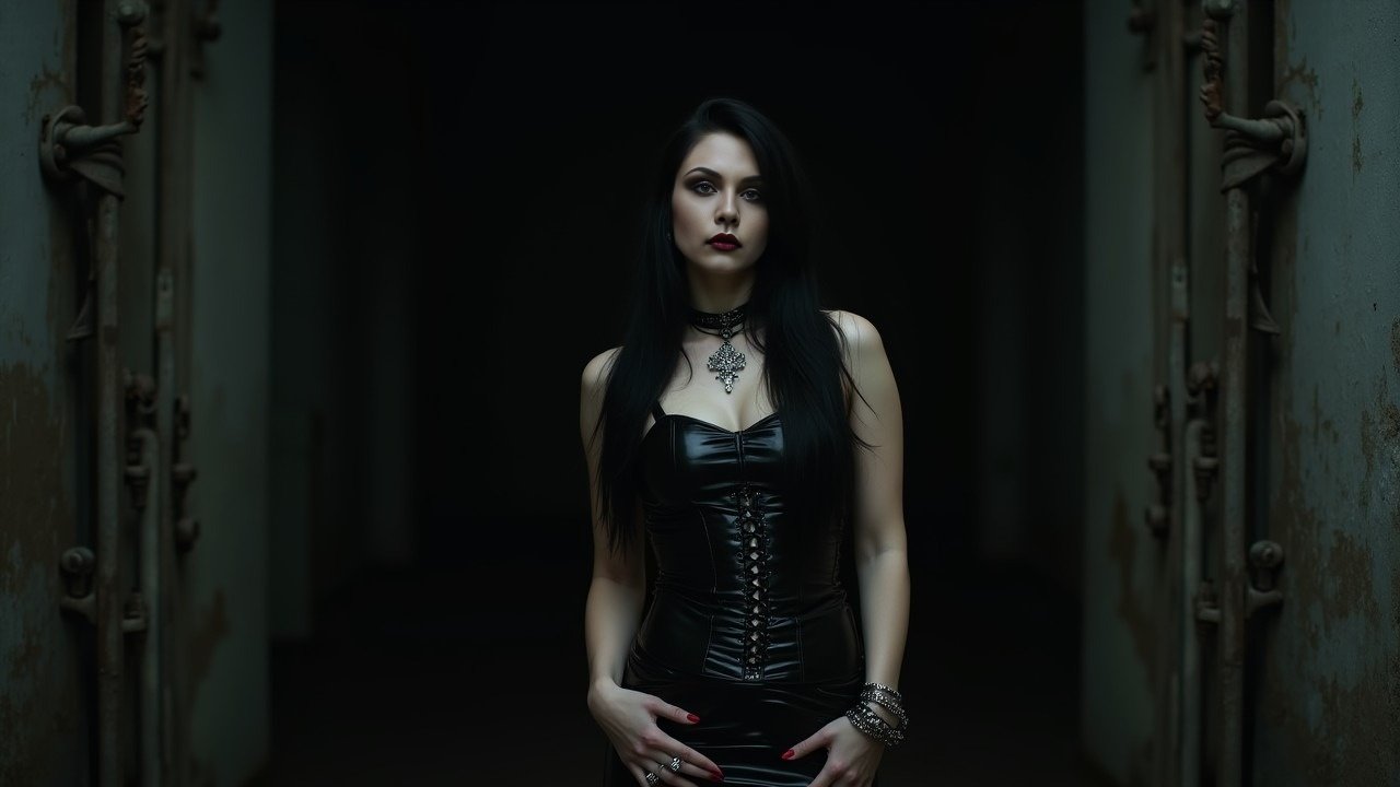 Gothic woman in black PVC dress and corset, standing in an abandoned industrial space with a piercing, intense gaze.