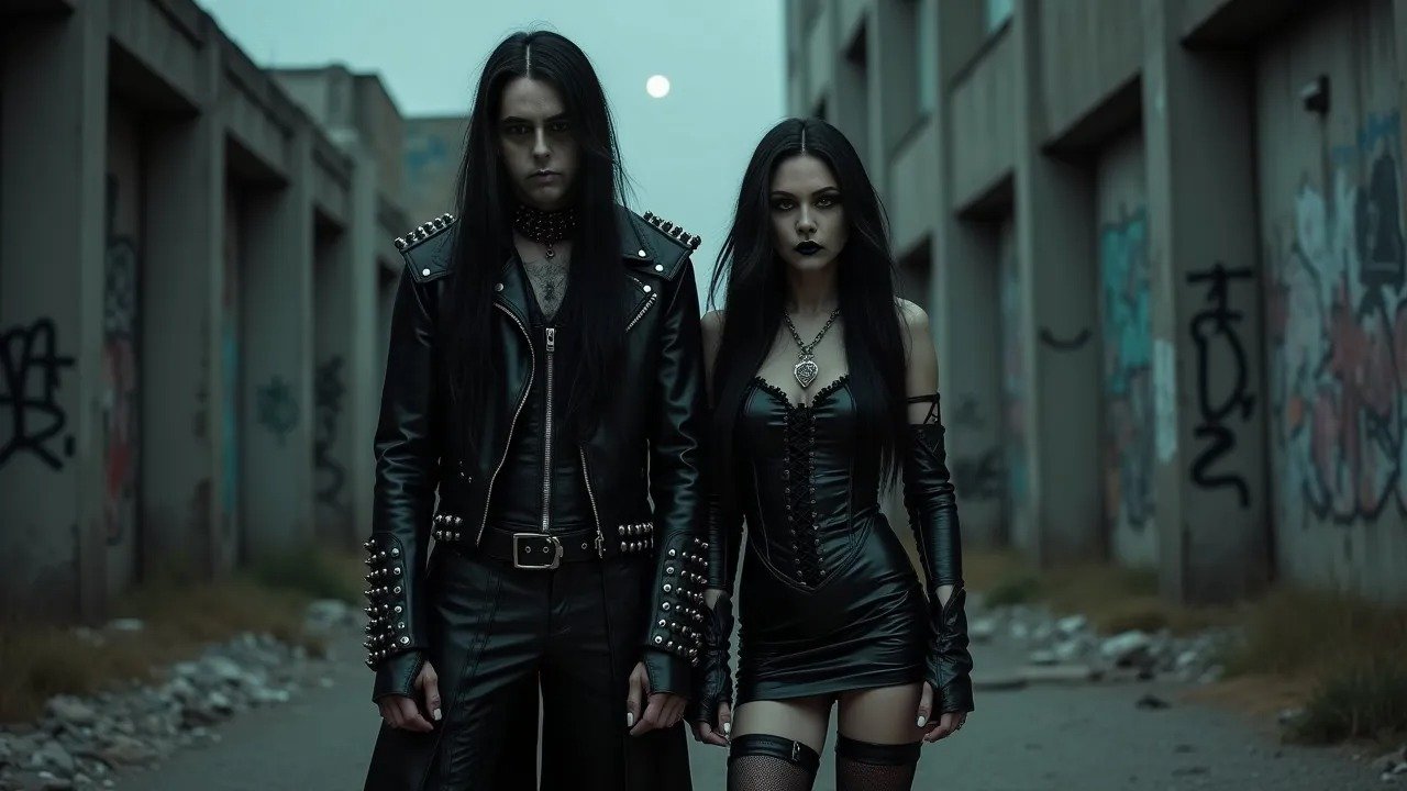 Metalhead man and gothic woman in spiked leather and vinyl dress, standing in a moonlit, graffiti-filled urban alley.