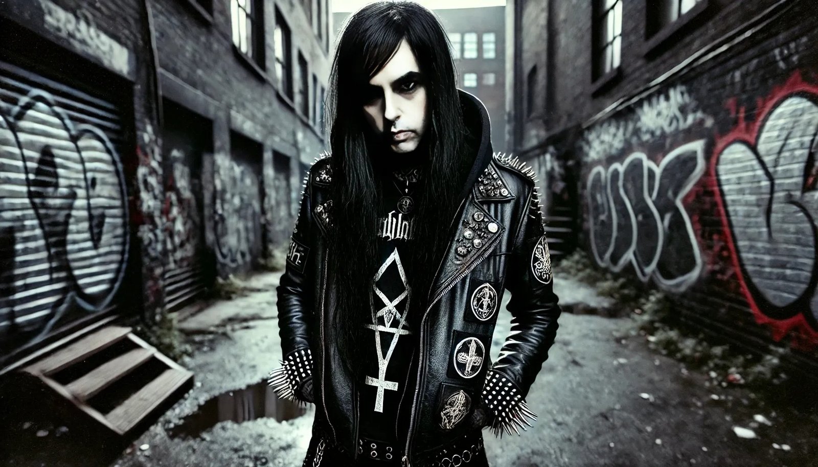 Black metalhead man with long hair, spiked leather jacket, in a shadowy urban alley with graffiti-covered walls.