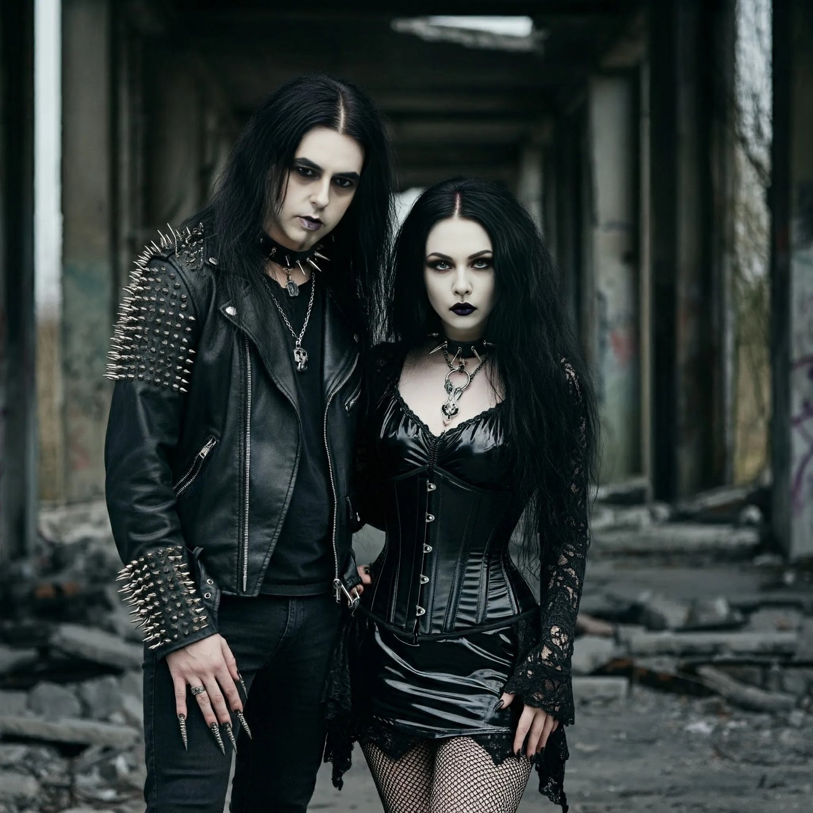 Black metalhead man and gothic woman in dark attire, standing in an abandoned space with a defiant, edgy style.