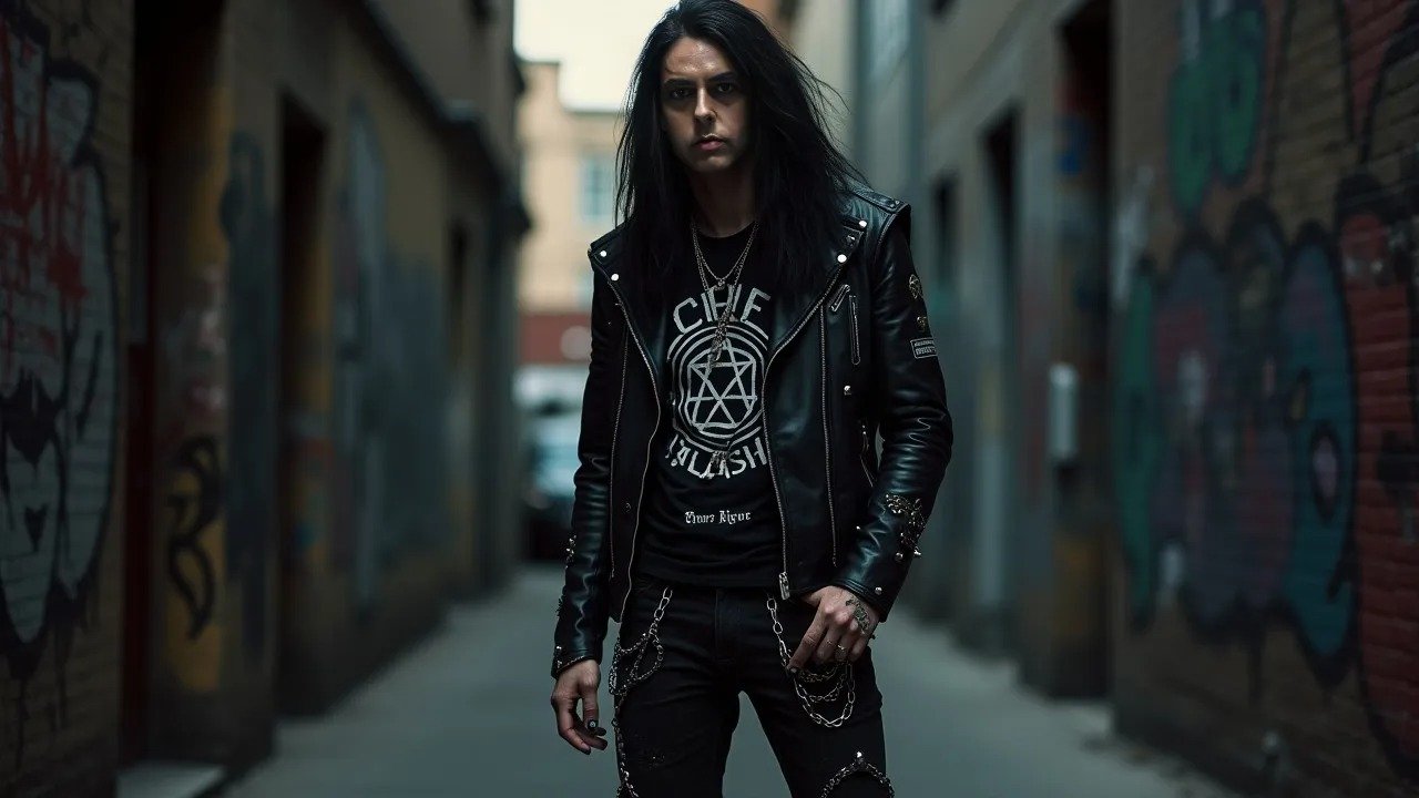 Black metalhead man in a spiked leather jacket, standing in a gritty urban alley with graffiti and chains.