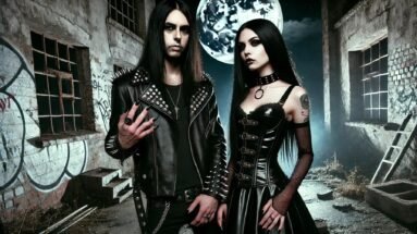 Metalhead man and gothic woman in dark attire, standing together in a moonlit, crumbling urban setting.