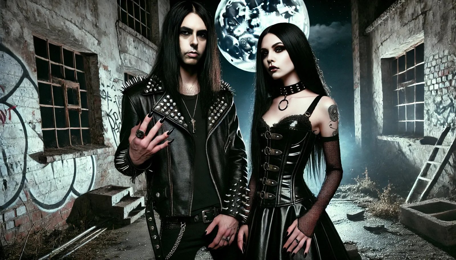 Metalhead man and gothic woman in dark attire, standing together in a moonlit, crumbling urban setting.