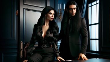 Dark Boss and Secretary Romance: Elena Parker and Adrian Blackwood standing in a luxurious, dark office, both dressed in elegant black attire, symbolizing their intense professional and personal connection.