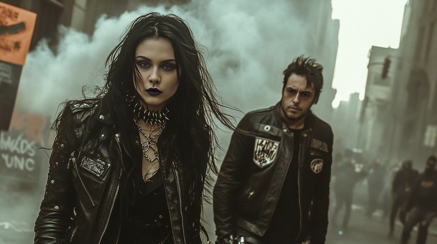 A gothic metalhead rebellious woman and a black metalhead man walking through a gritty urban scene with smoke and graffiti, exuding an aura of defiance and individuality.