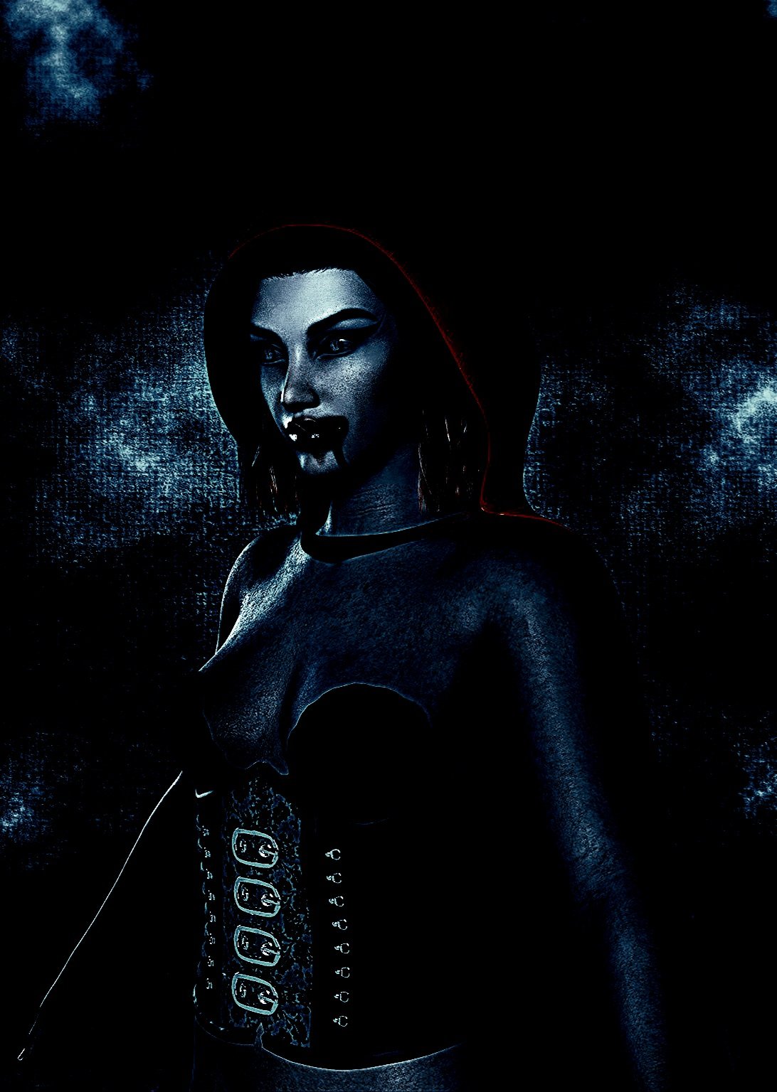Female vampire in a dark, gothic outfit with blood on her lips, showcasing the Vampire Halloween Costume Aesthetic.
