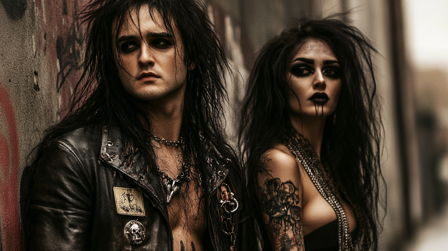 A man with long black hair and a stern expression, wearing a leather jacket with patches, leaning against a graffitied wall next to a woman with gothic makeup and tattoos, both embodying the misanthropic metalhead aesthetic.