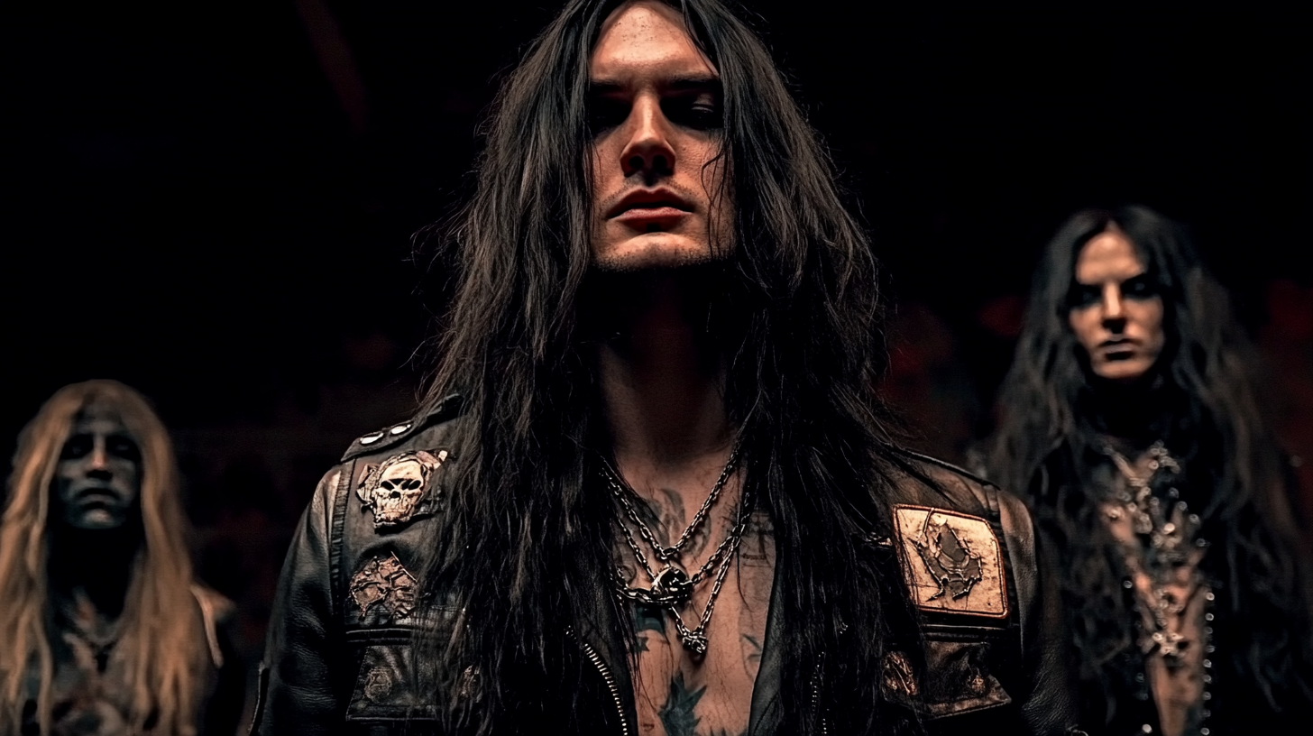 A man with long, disheveled hair and a leather jacket adorned with skull patches, standing in a dimly lit environment, with a woman in dark clothing and makeup standing behind him.