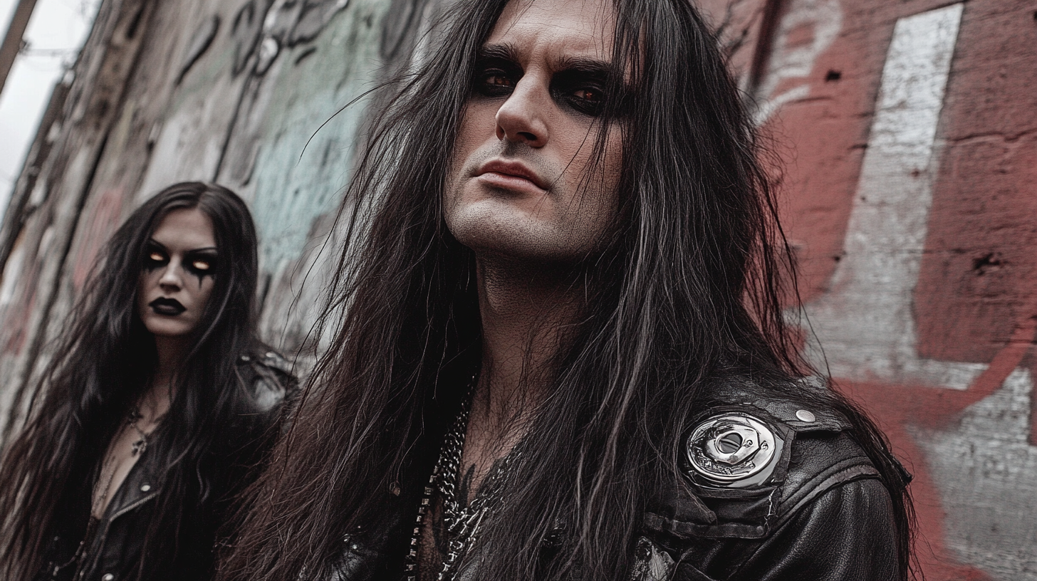 A close-up of a man with long black hair and intense eyes, wearing a leather jacket with patches, with a woman in dark makeup standing in the background, set against a graffitied wall.