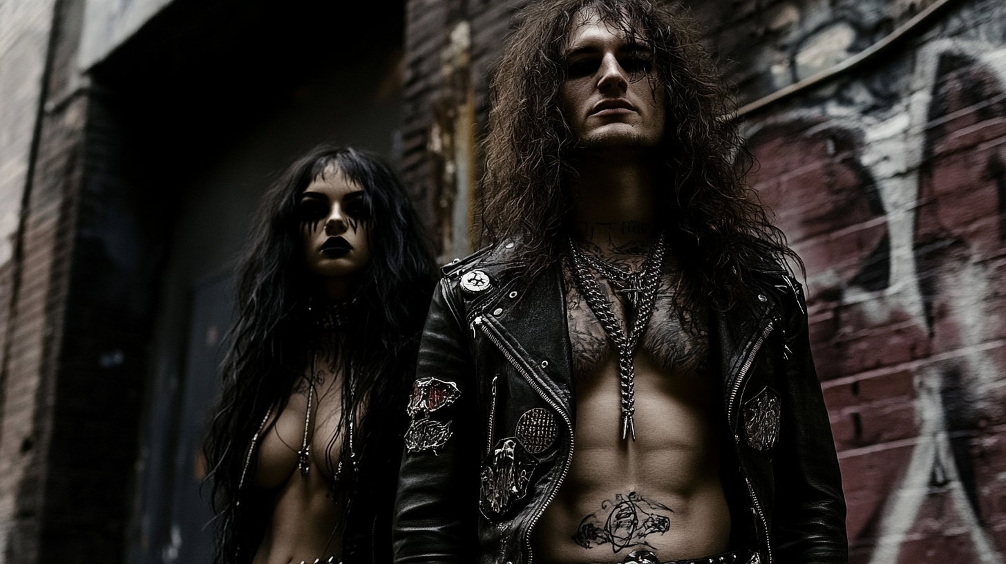 A shirtless man with tattoos, long curly hair, and a black leather jacket adorned with patches, standing beside a woman with dark makeup and a black leather outfit, both in a dimly lit, graffiti-strewn alley.