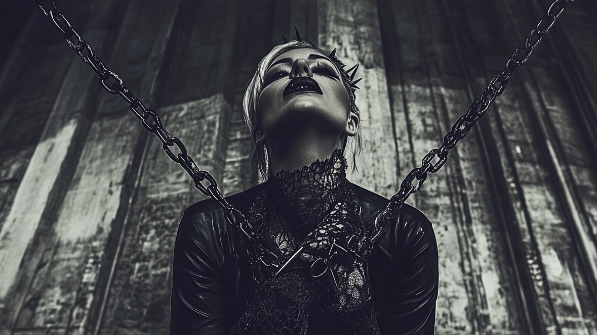 A woman in Gothic and metal fashion, including black leather, lace, and chains, with an intense expression, standing with chains around her in a dark industrial setting.
