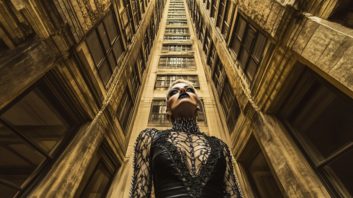 A woman dressed in Gothic and metal fashion, including black leather and lace, standing in a modern city environment with Gothic elements, with a defiant expression and dramatic lighting emphasizing the tension between subculture and mainstream fashion.