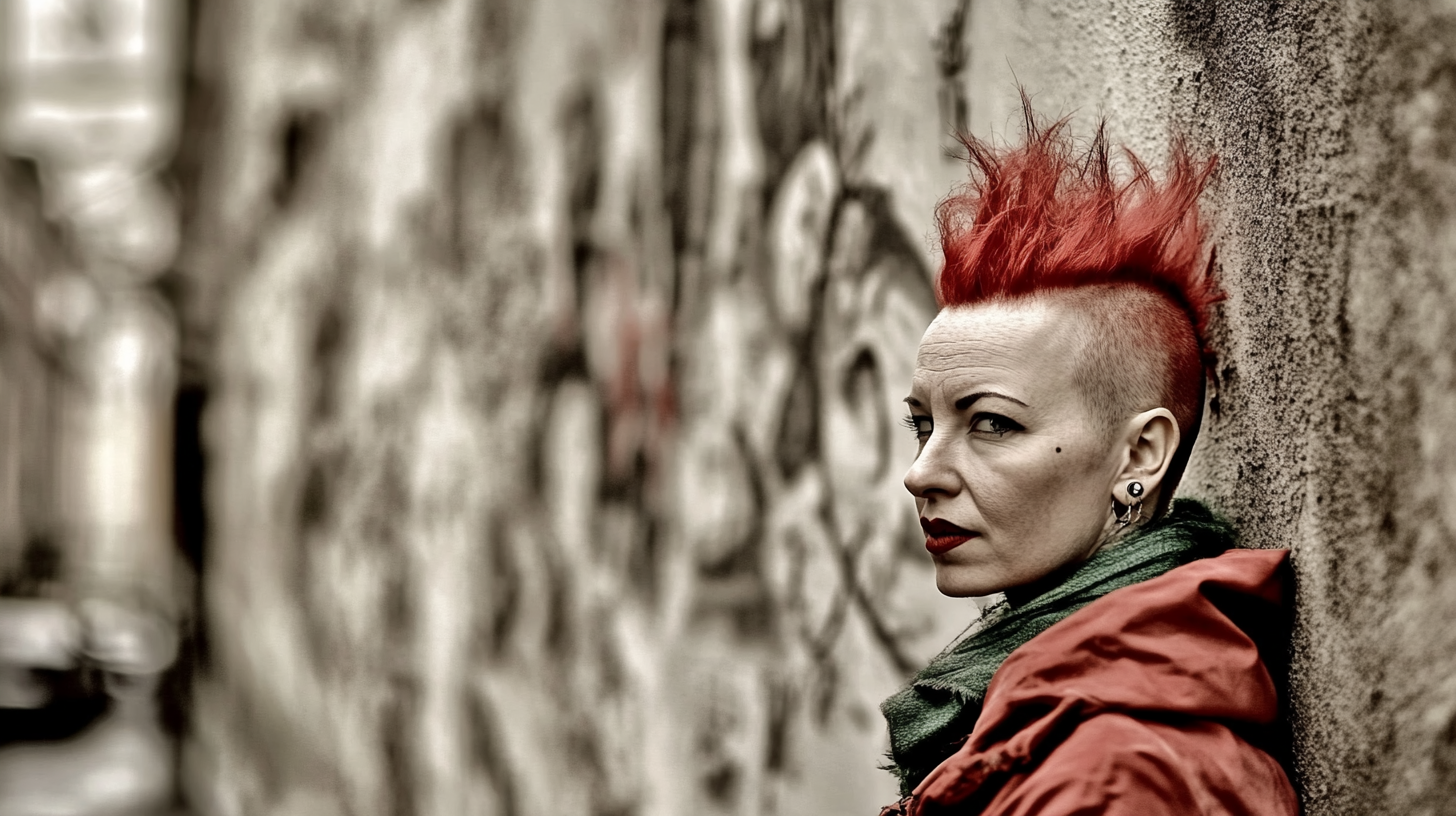 A punk woman with a red mohawk standing against a graffiti-covered wall, exuding a defiant and intense expression.