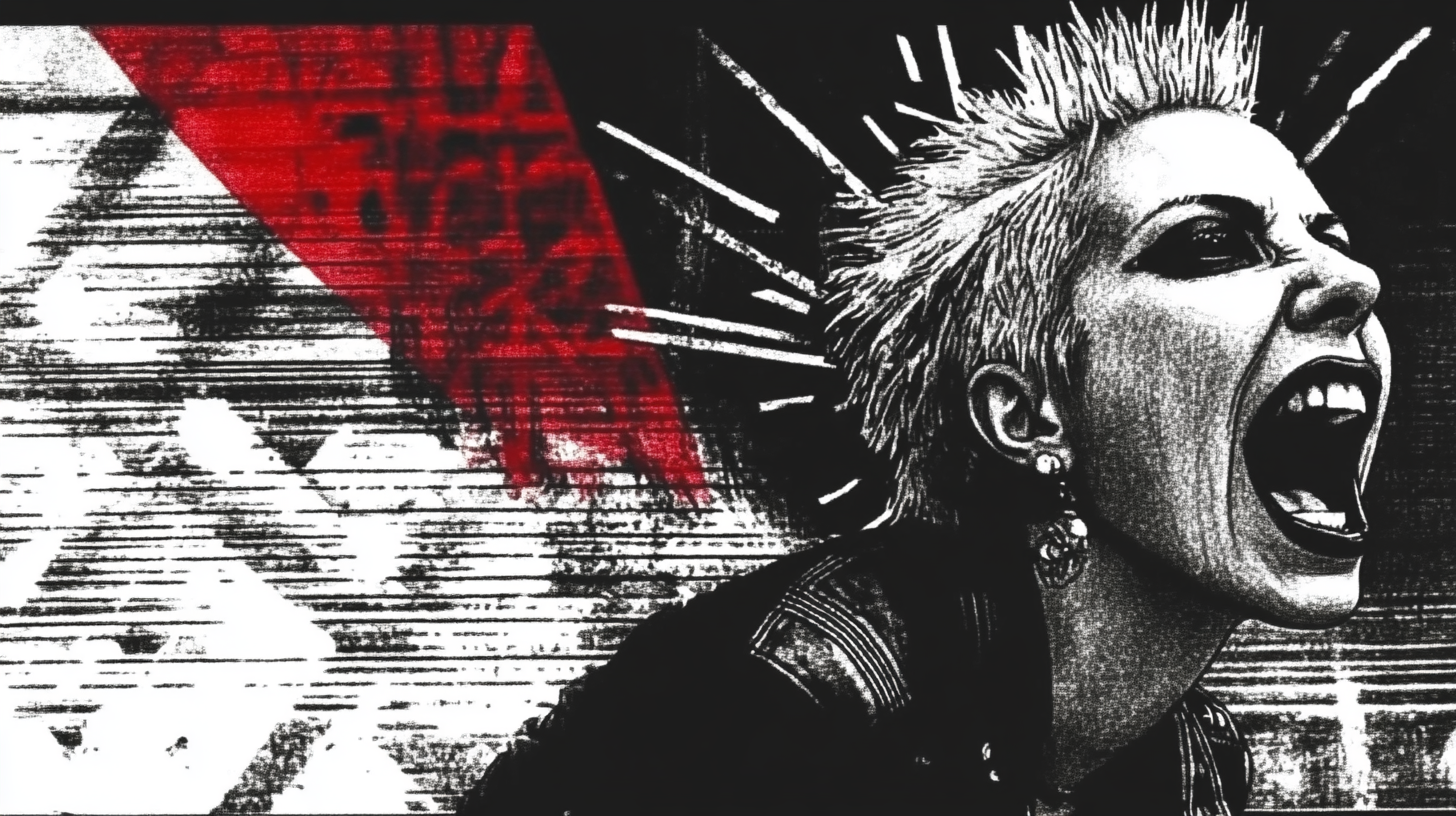 Close-up of a rebellious punk woman with spiked hair, shouting fiercely against a gritty background with red and black abstract patterns.