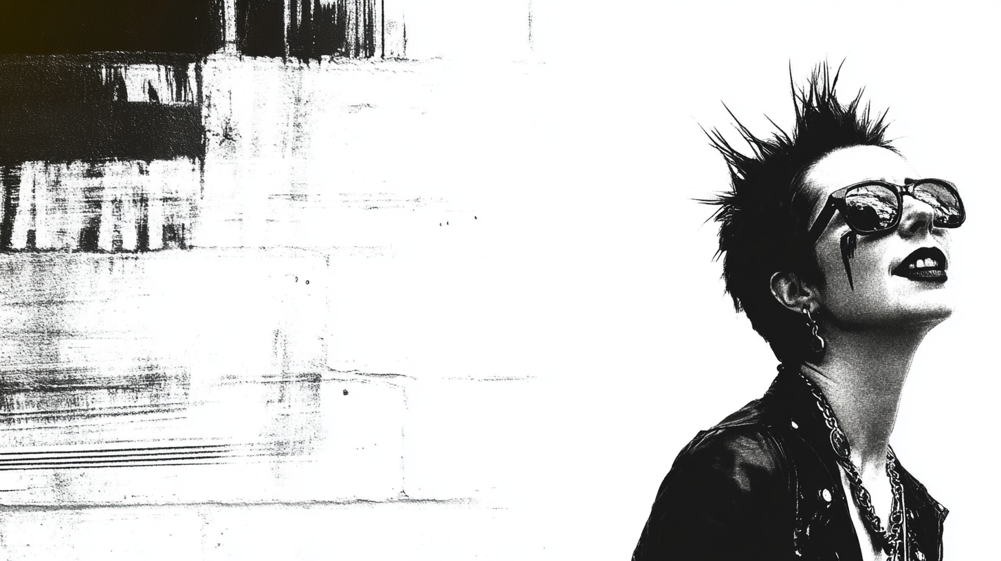 A punk woman with spiked hair, shouting fiercely against a gritty background, embodying raw energy and rebellion.