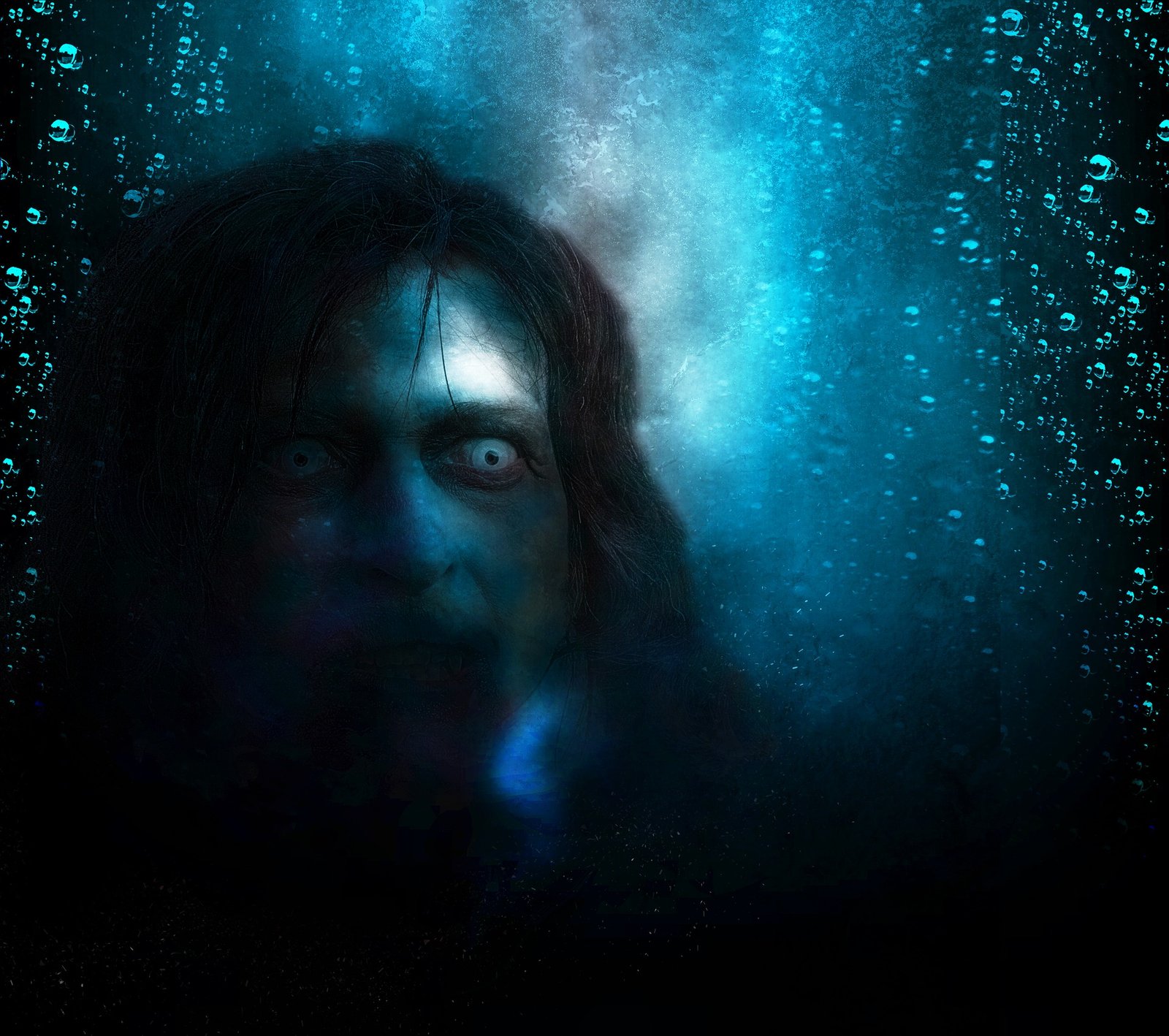 Horror-themed face with pale skin and glowing eyes underwater, representing the Vampire Halloween Costume Aesthetic.