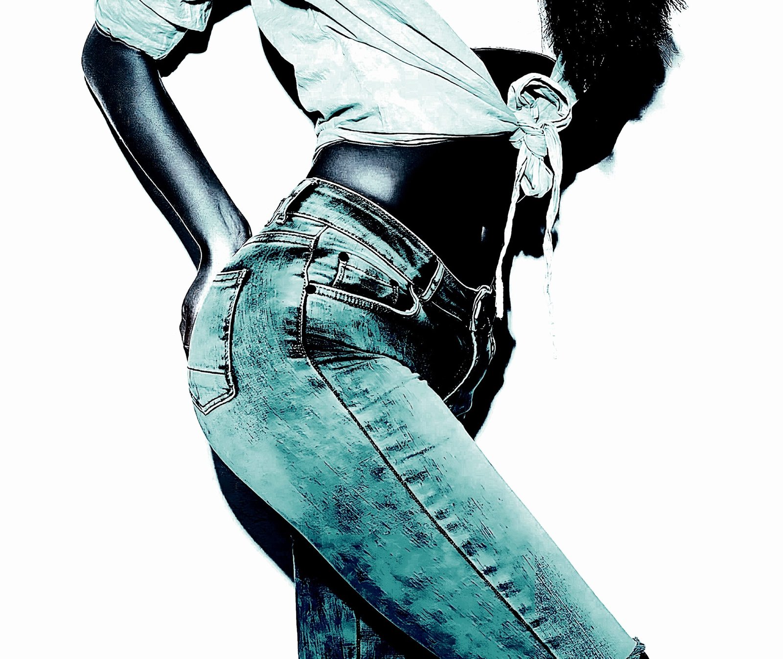 Fashionable person in blue jeans and a tied-up shirt posing with hands on hips against a white background.