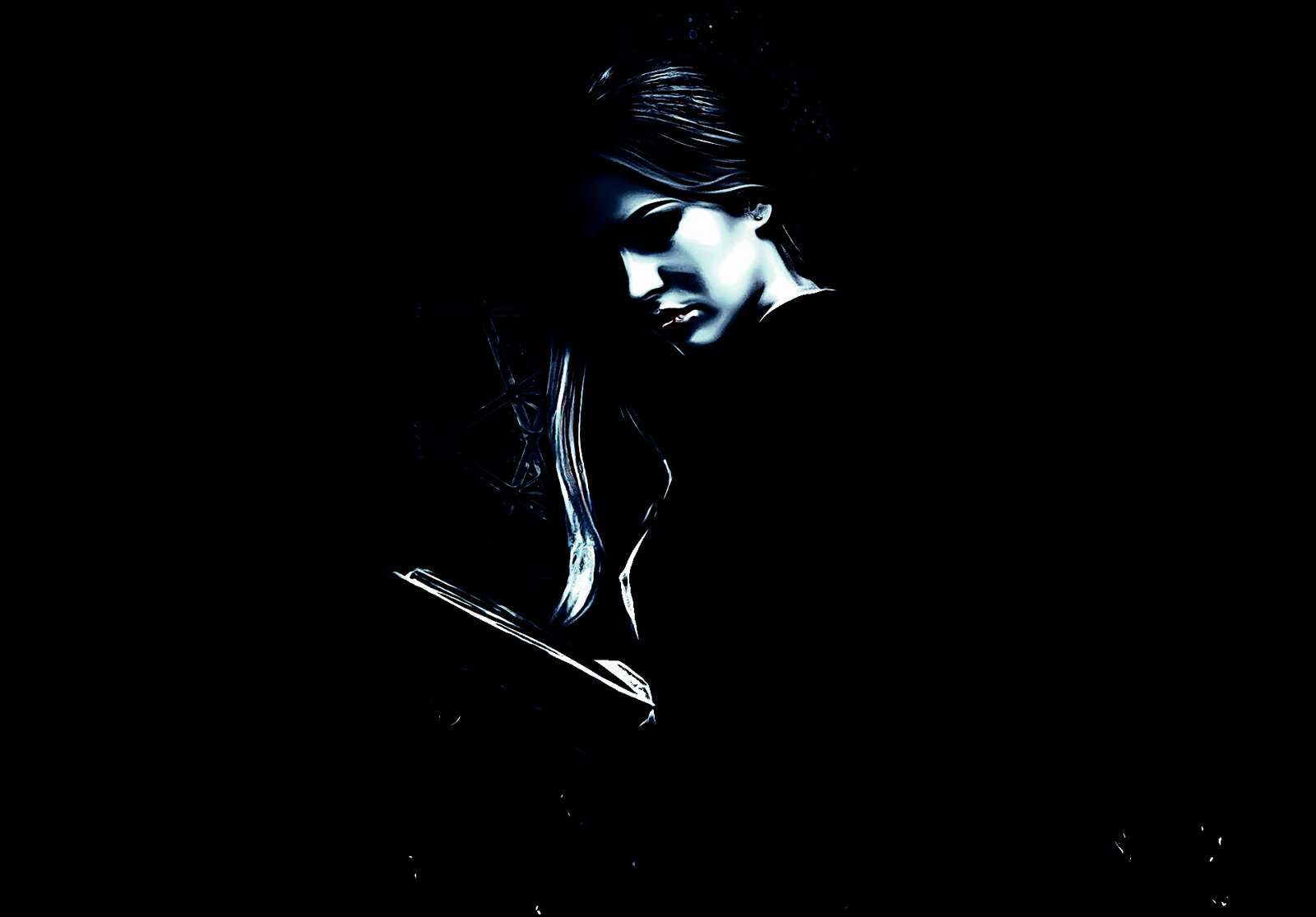 A close-up portrait of a woman with pale makeup and dark eye makeup, giving a mysterious and eerie expression.
