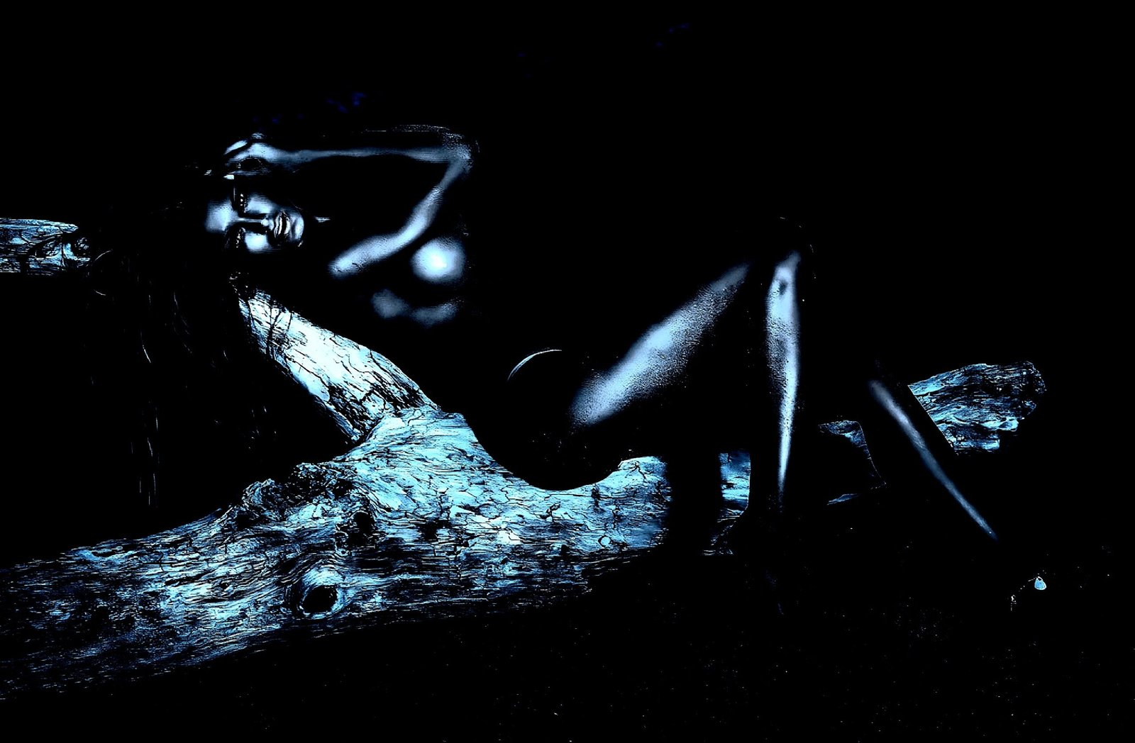 A woman posing artistically, nude, on a piece of driftwood in a dark, mysterious environment.