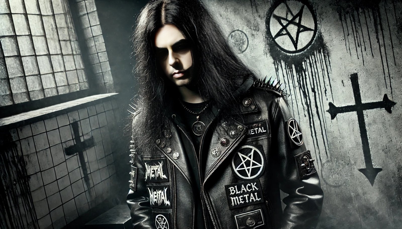 Black metal man in a spiked leather jacket with band patches and pentagrams, standing in a dark, industrial room with crosses and graffiti on the walls.