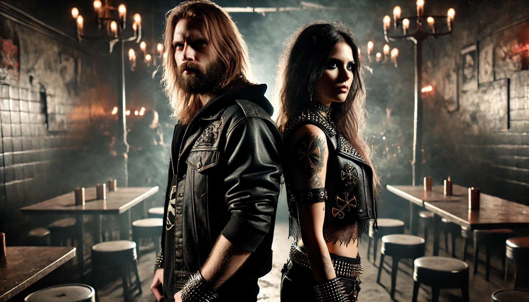 A powerful scene of a metalhead man and woman standing back to back in a dimly lit underground venue, symbolizing defiance against sexism in the metal scene.