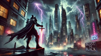 A dark, futuristic scene inspired by Beast in Black, featuring a dystopian city with neon lights and a lone armored figure holding a glowing sword against a stormy, cyberpunk backdrop.