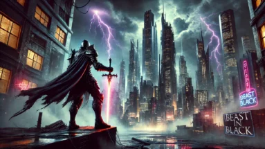 A dark, futuristic scene inspired by Beast in Black, featuring a dystopian city with neon lights and a lone armored figure holding a glowing sword against a stormy, cyberpunk backdrop.
