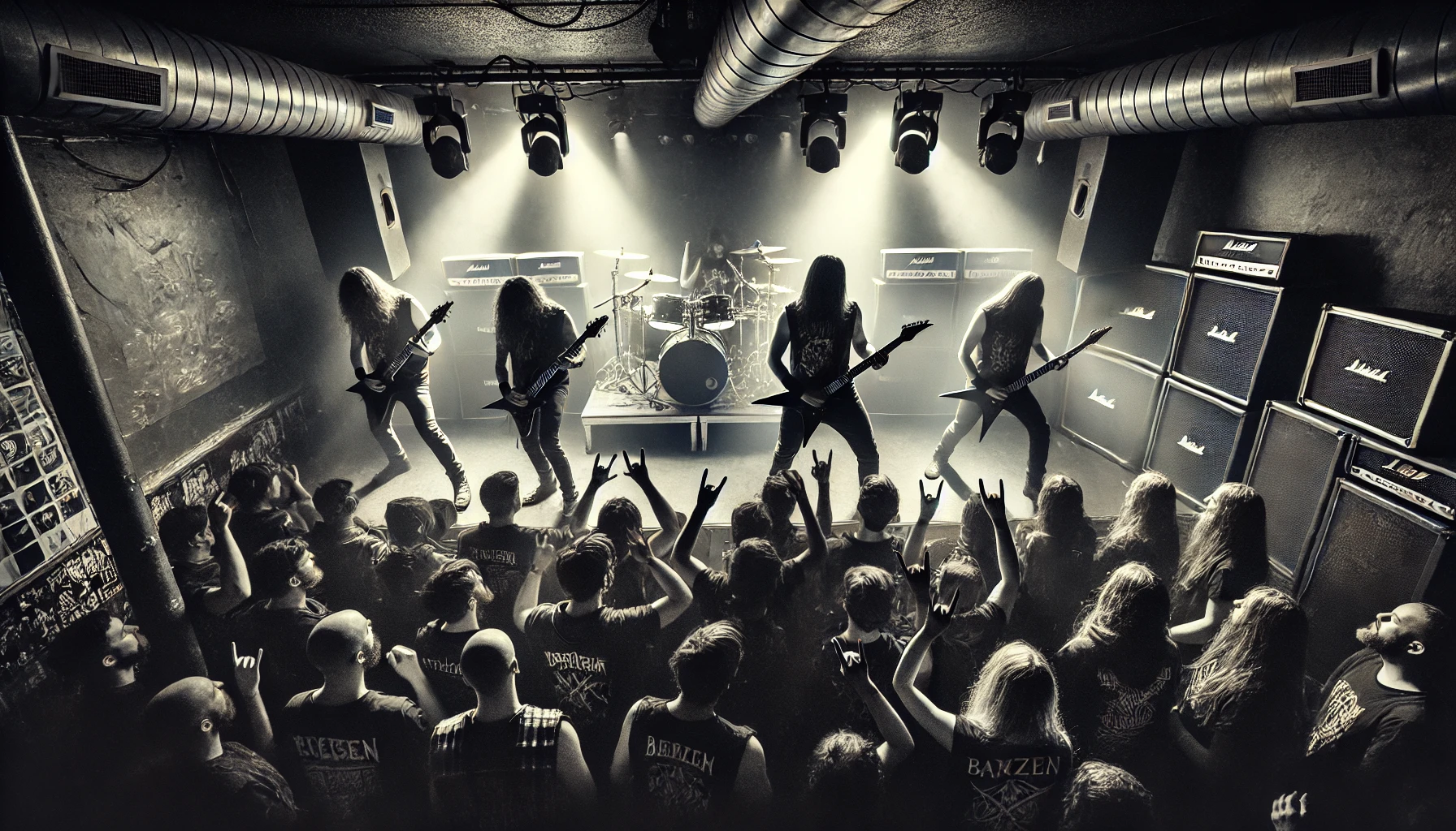 A live power metal concert in a small, gritty venue with dramatic lighting. The band is performing with intensity as the crowd raises their hands and throws horns in unison. The atmosphere is dark and raw, capturing the essence of an underground metal show.