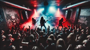 Inspired by Dream Evil Malmö Plan B 2024: An intense live metal concert scene in a dark, smoke-filled venue with red and blue stage lights. A power metal band performs on stage, while the packed crowd headbangs, raises fists, and engages in a mosh pit. The energy and chaos of the performance are palpable