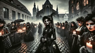 Wide shot of Wave Gotik Treffen 2025 in Leipzig, featuring gothic festival-goers in Victorian attire, candles, and foggy streets.