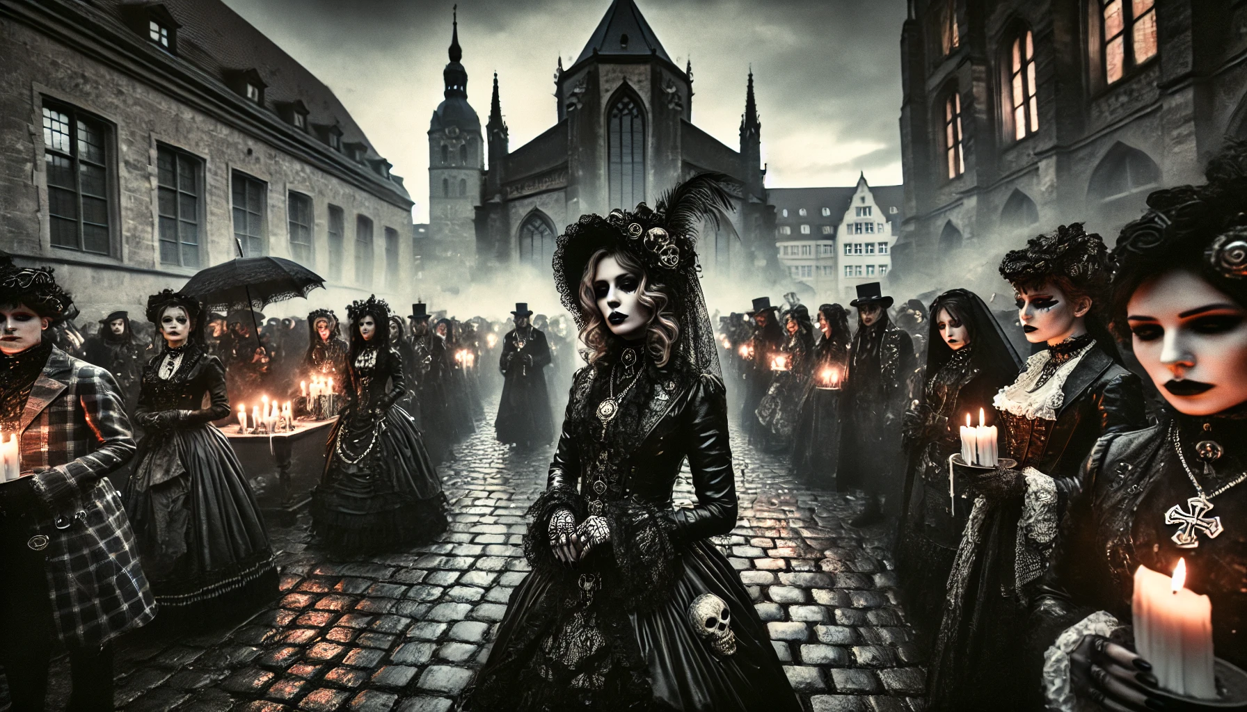 Wide shot of Wave Gotik Treffen 2025 in Leipzig, featuring gothic festival-goers in Victorian attire, candles, and foggy streets.