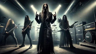 Dark stage scene inspired by The Halo Effect, Pain, and Bloodred Hourglass, with intense lighting, fog, and distinct metal aesthetics.