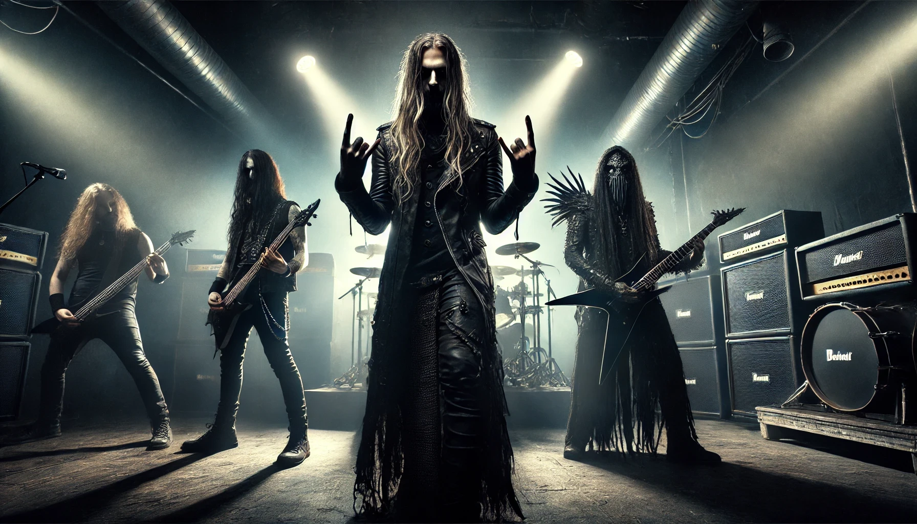Dark stage scene inspired by The Halo Effect, Pain, and Bloodred Hourglass, with intense lighting, fog, and distinct metal aesthetics.