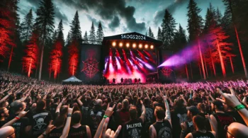 Iconic scene from Skogsröjet 2024, with a massive stage, vibrant lighting, and metal fans immersed in the music amid dense forest.