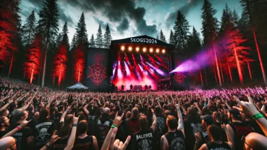 Iconic scene from Skogsröjet 2024, with a massive stage, vibrant lighting, and metal fans immersed in the music amid dense forest.