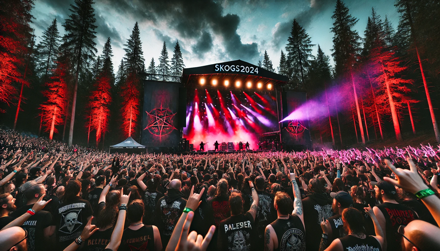 Iconic scene from Skogsröjet 2024, with a massive stage, vibrant lighting, and metal fans immersed in the music amid dense forest.
