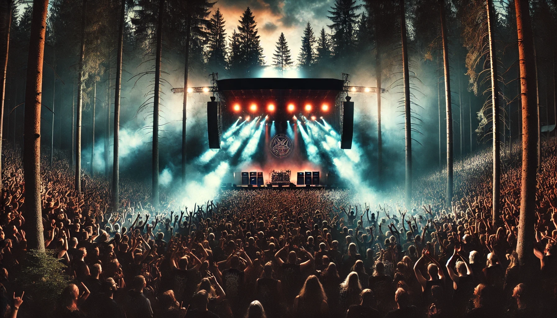 Iconic Skogsröjet 2025 festival scene in Rejmyre, Sweden, with a massive crowd, atmospheric stage lights cutting through forest mist, and raised metal horns.