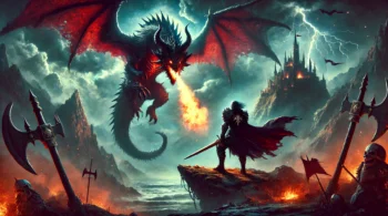 Battle-ready warrior in dark armor on a cliff, facing a fire-breathing dragon in a stormy, mythical landscape with a castle in the background.