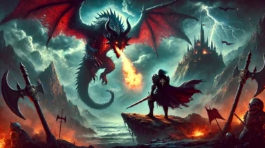 Battle-ready warrior in dark armor on a cliff, facing a fire-breathing dragon in a stormy, mythical landscape with a castle in the background.